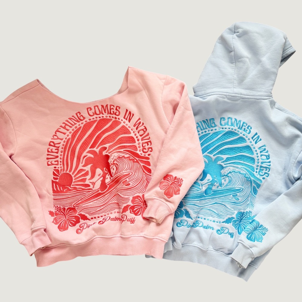 Pink Palm Puff **FLAWED** Everything Comes In Waves Coastal Hoodie Bundle Size S